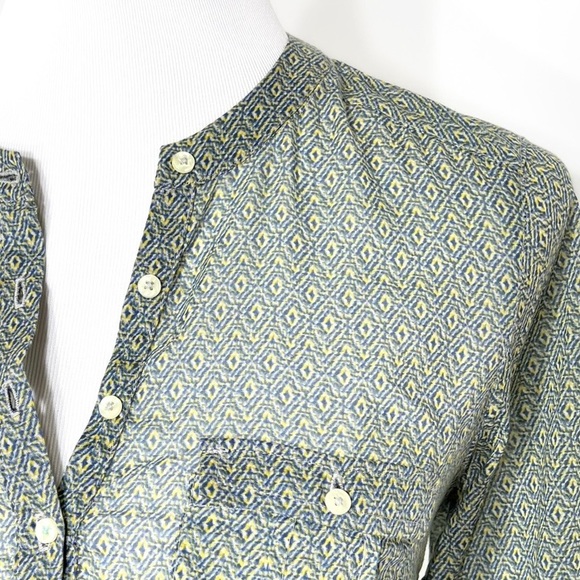 Anthropopogie Blue & Yellow Ikat Geometric Diamond Printed Roll Tab Sleeve Tunic - Picture 2 of 12